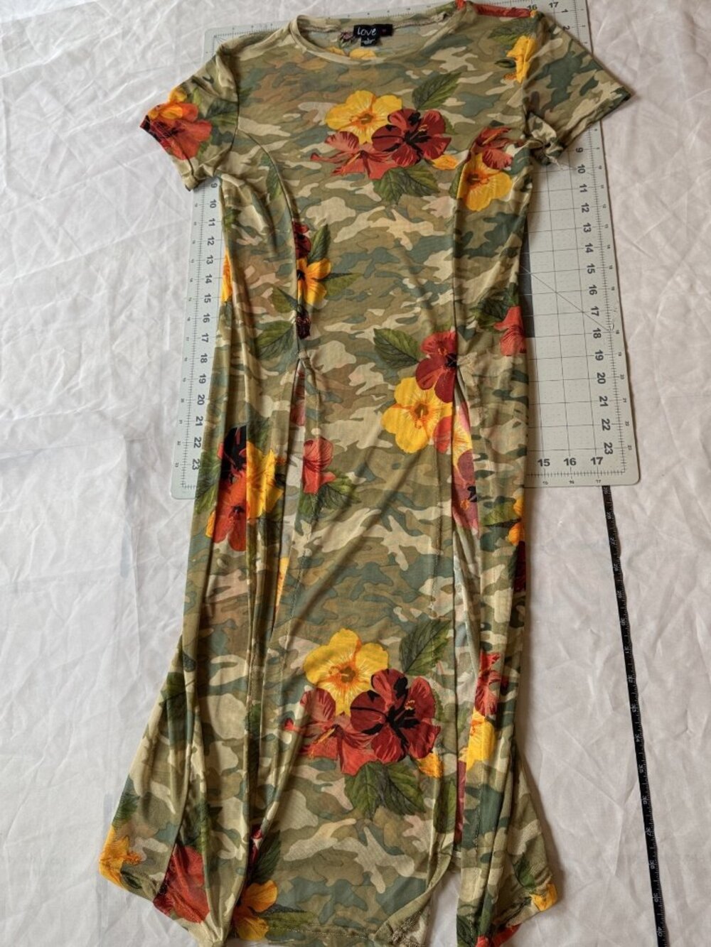 Love Camo Floral Sheer Mesh Short Sleeve Slit Dress Size L
